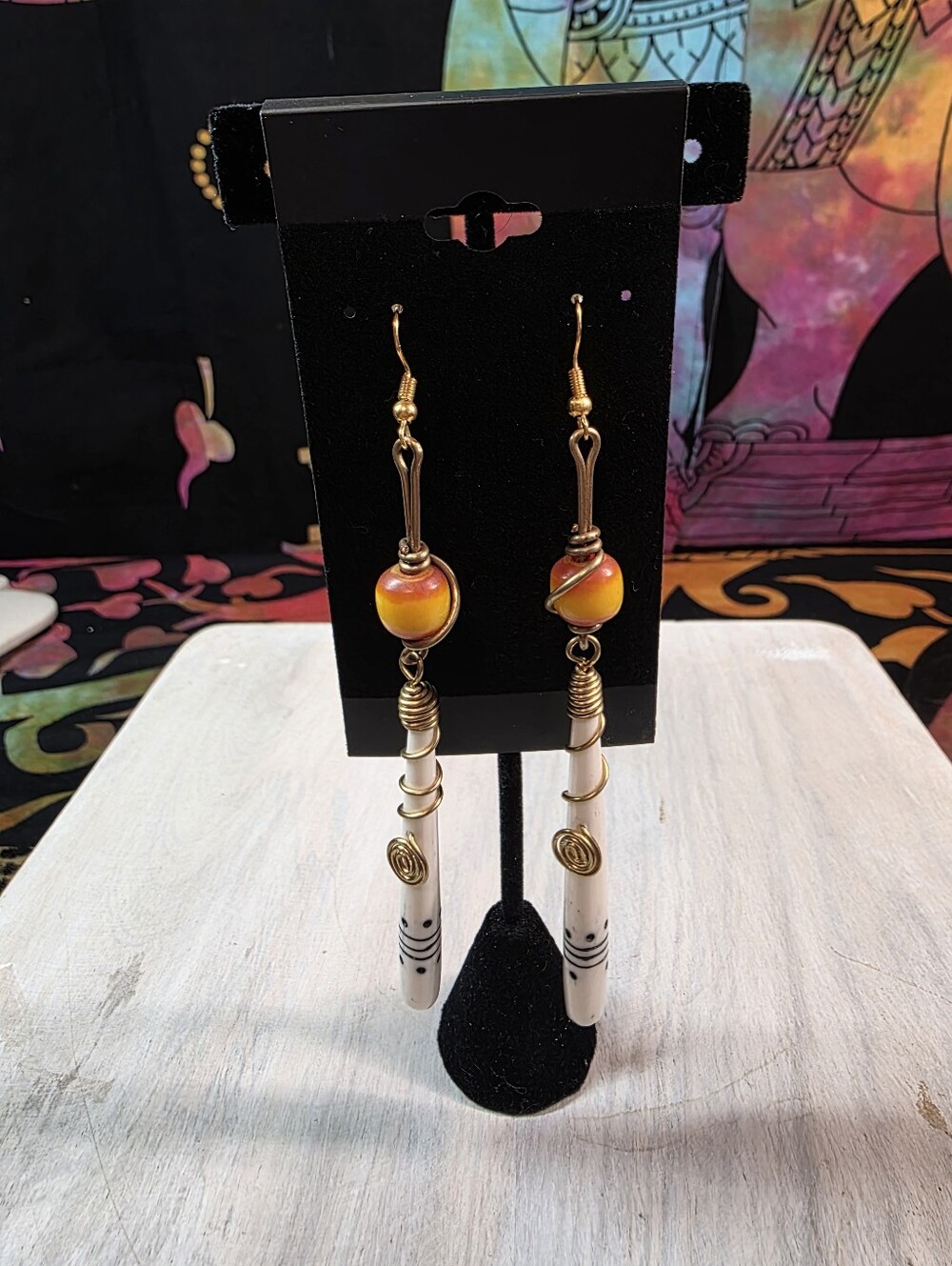 African Carved Bone / Handpainted Tribal Dangling Earrings
